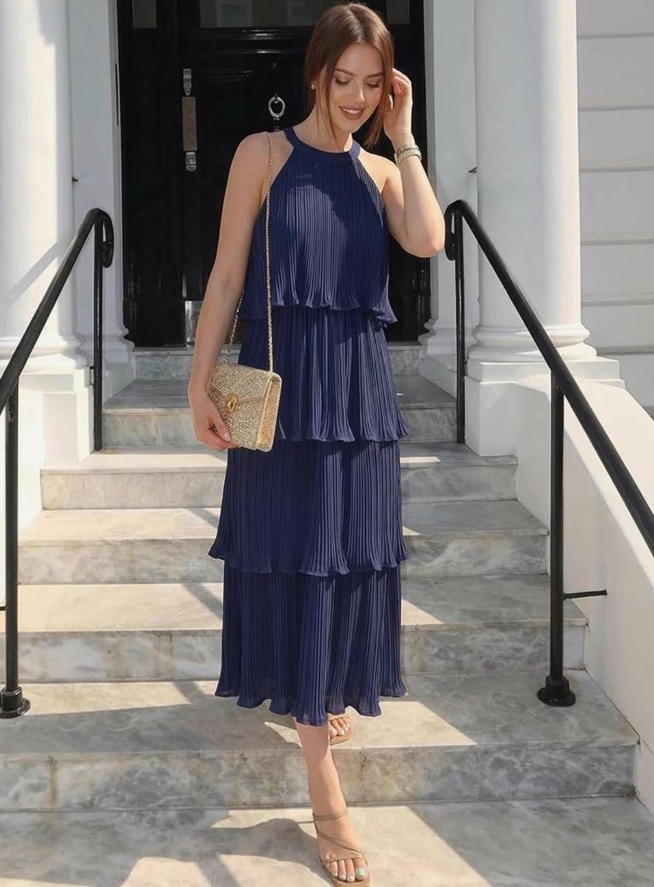 Halter Tiered Pleated Midi