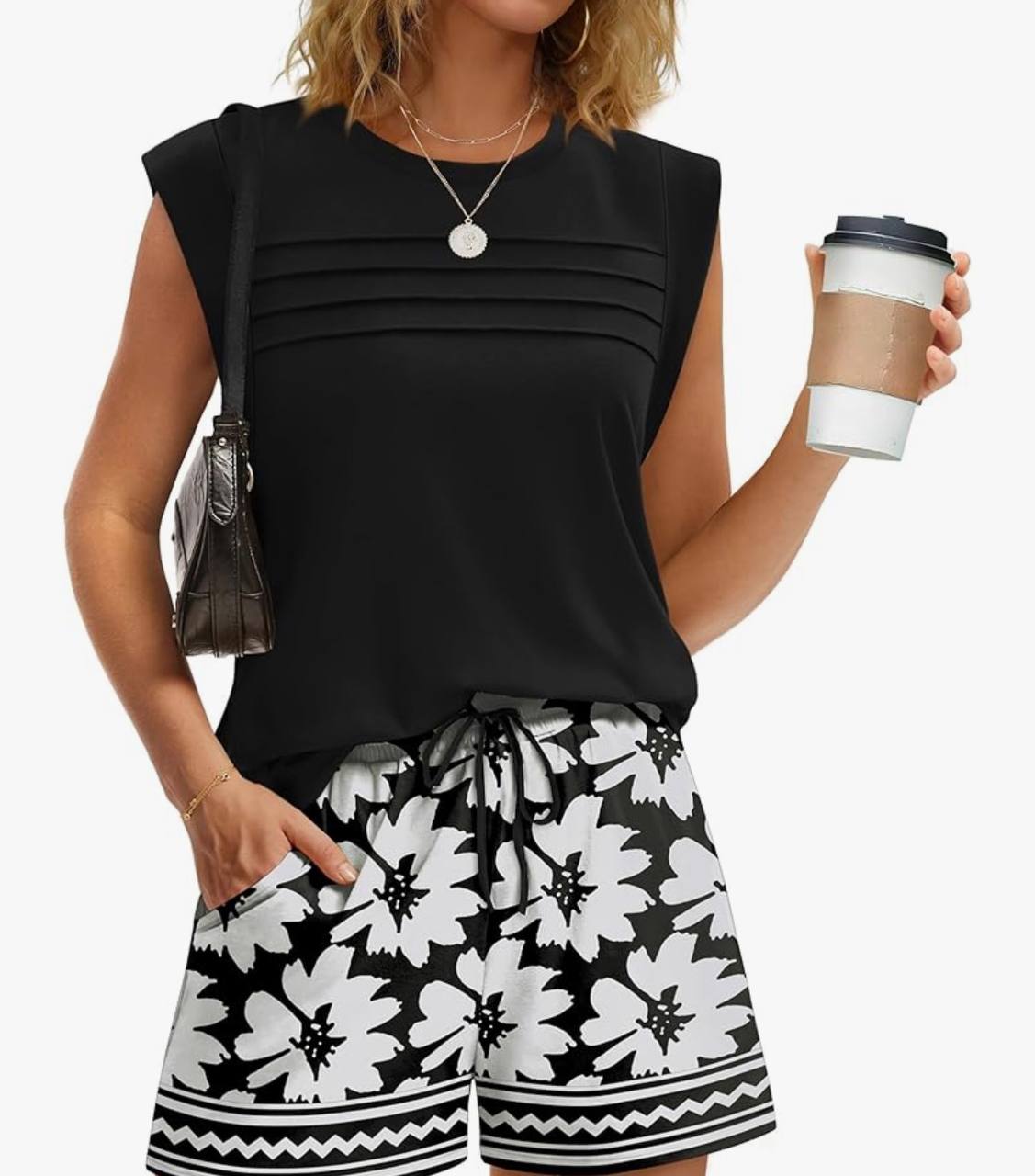 Pleated Top and Printed Shorts Set