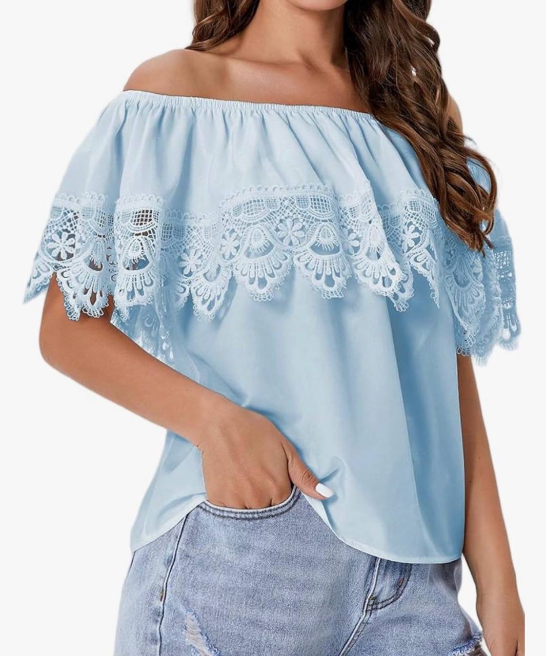 WDIRARA Off-the-Shoulder Ruffle Lace Blouse