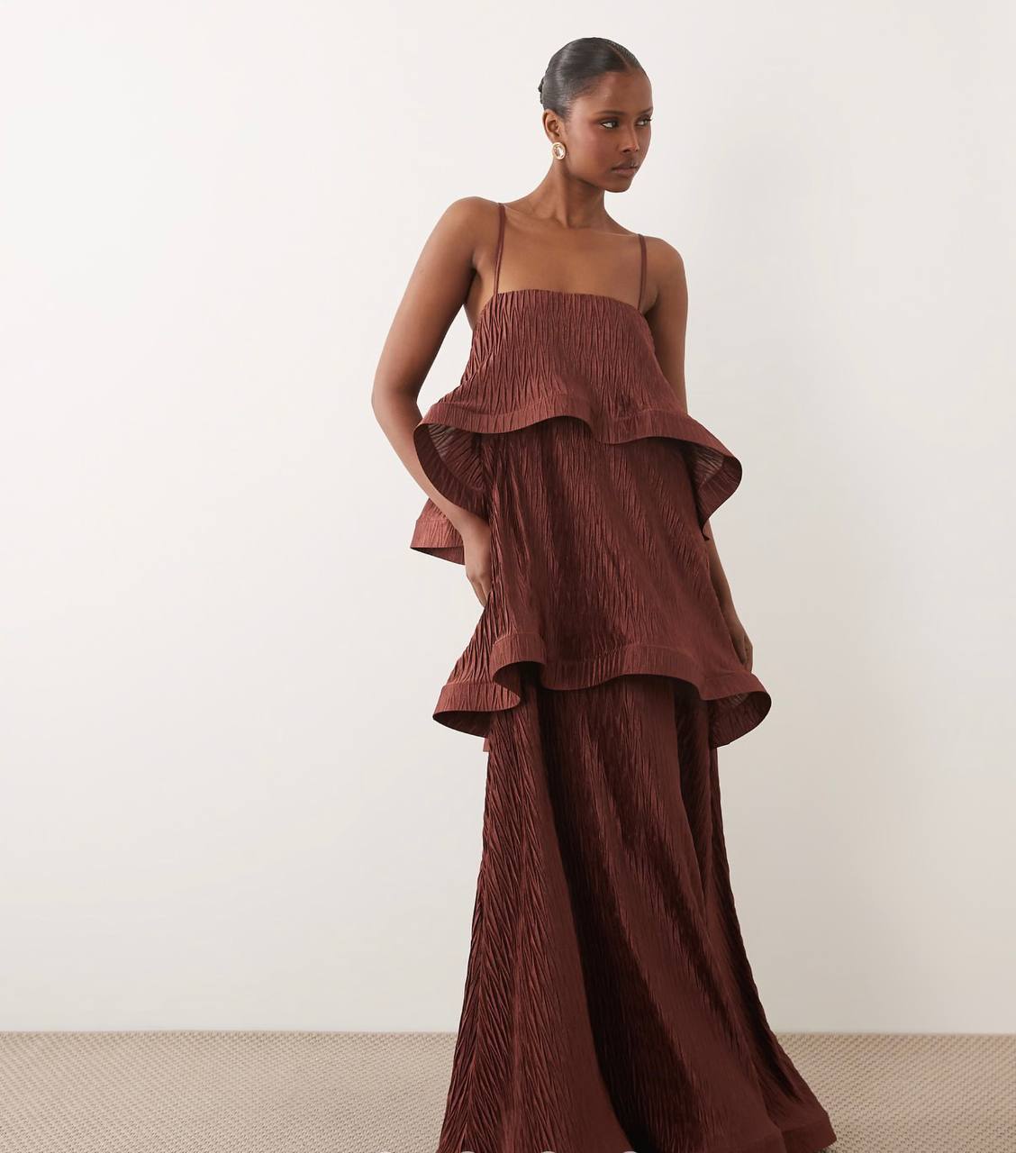 Zigzag Plissé Tiered Trapeze Maxi Dress