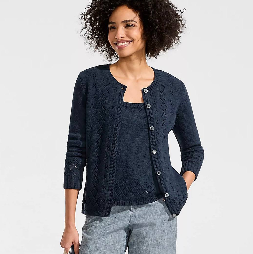 Pointelle Crew Neck Cardigan
